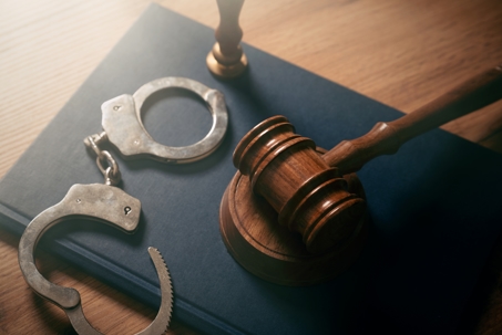 Handcuffs and wooden gavel